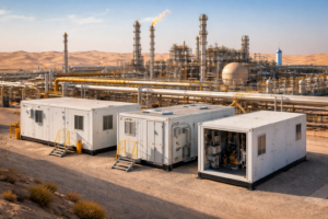 Oil and gas modular containers installed at an industrial site in Abu Dhabi