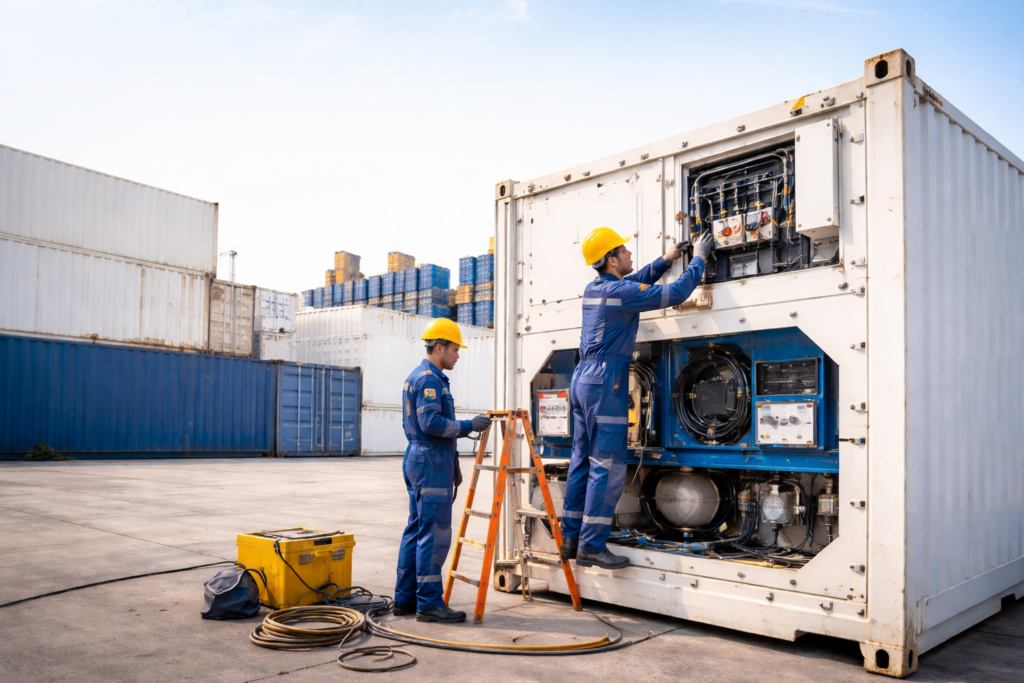 Two technicians performing maintenance on a refrigerated shipping container in an industrial yard with tools and equipment