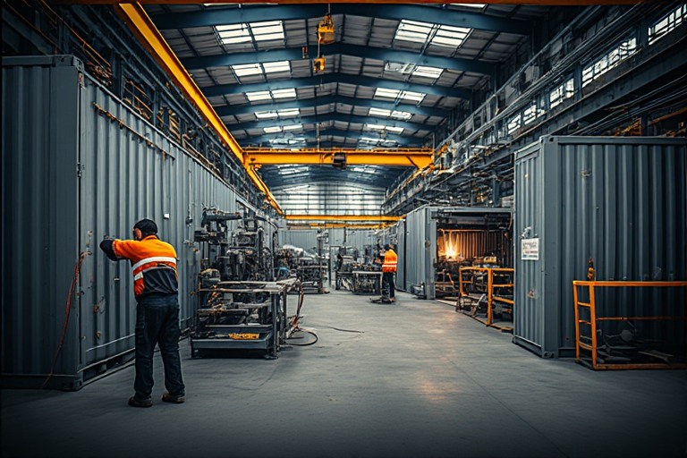 Customized industrial container fabrication work in Abu Dhabi with steel containers and engineering setup